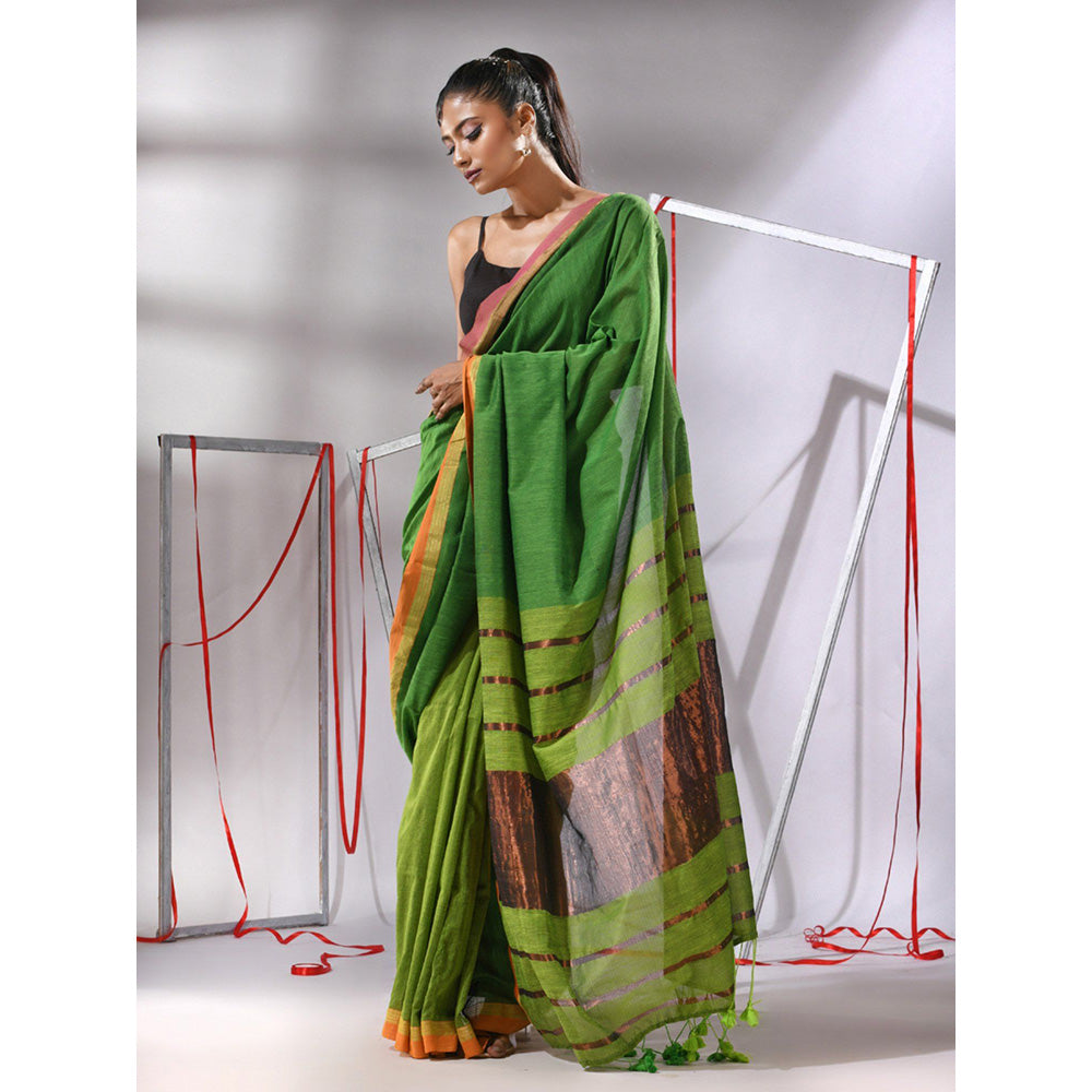 CHARUKRITI Green Patli Pallu Cotton Stripes Zari Borders Saree with Unstitched Blouse