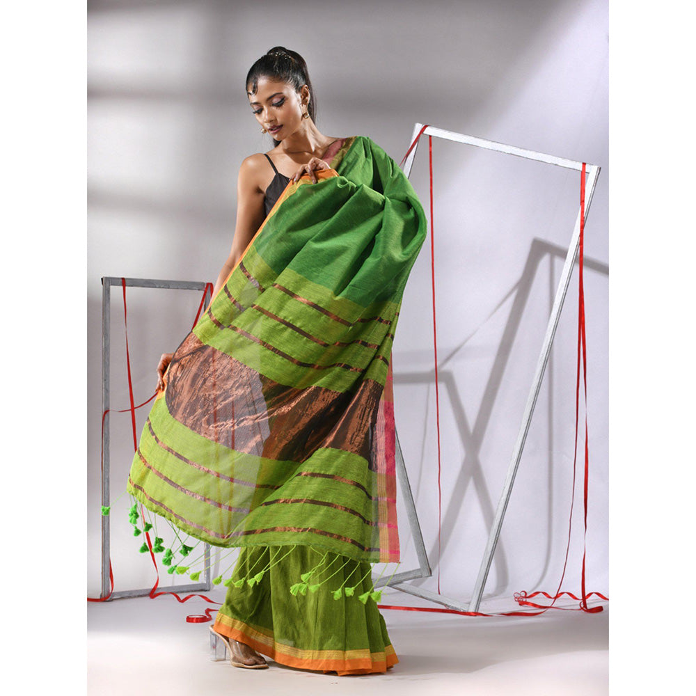 CHARUKRITI Green Patli Pallu Cotton Stripes Zari Borders Saree with Unstitched Blouse