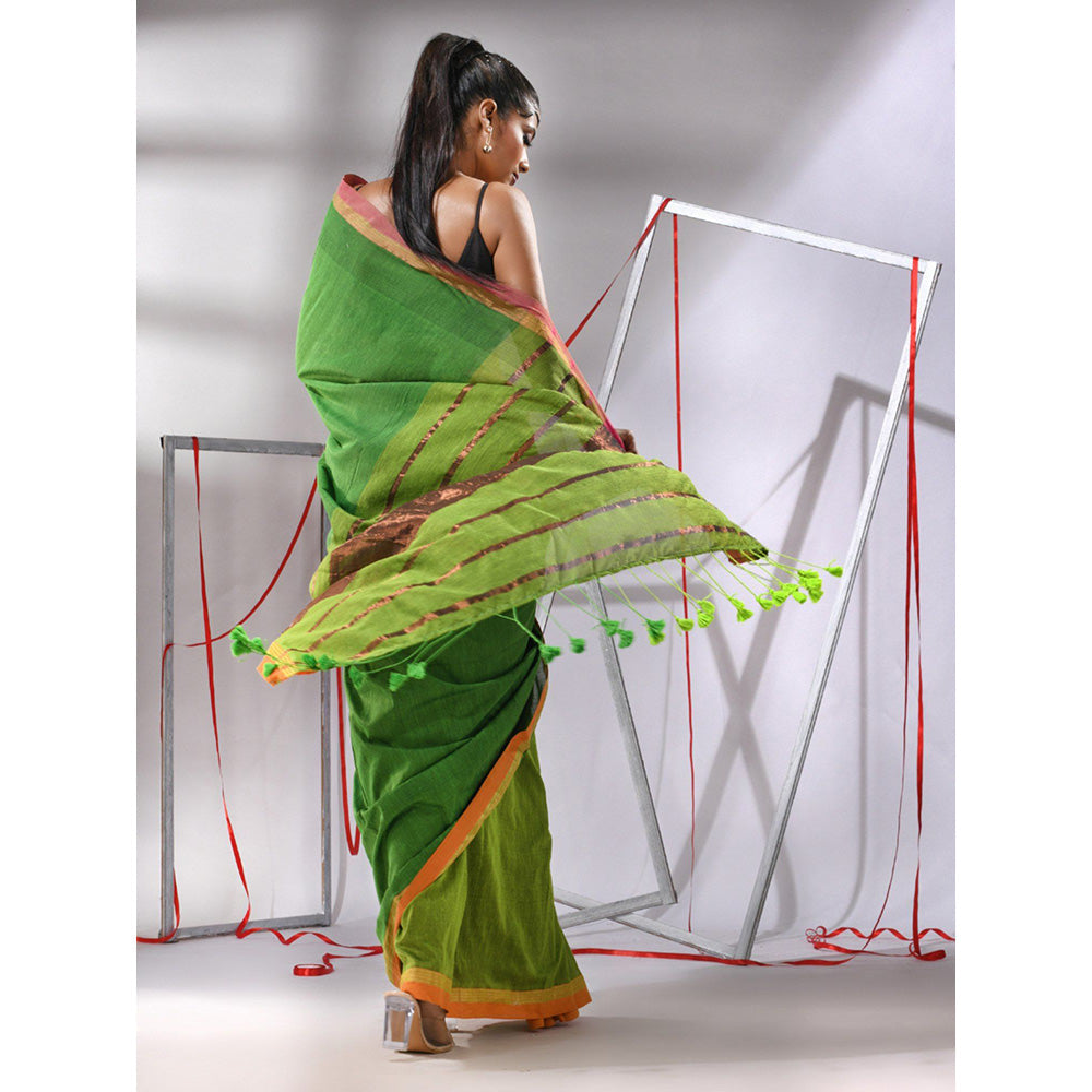 CHARUKRITI Green Patli Pallu Cotton Stripes Zari Borders Saree with Unstitched Blouse