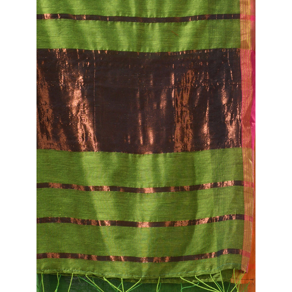 CHARUKRITI Green Patli Pallu Cotton Stripes Zari Borders Saree with Unstitched Blouse