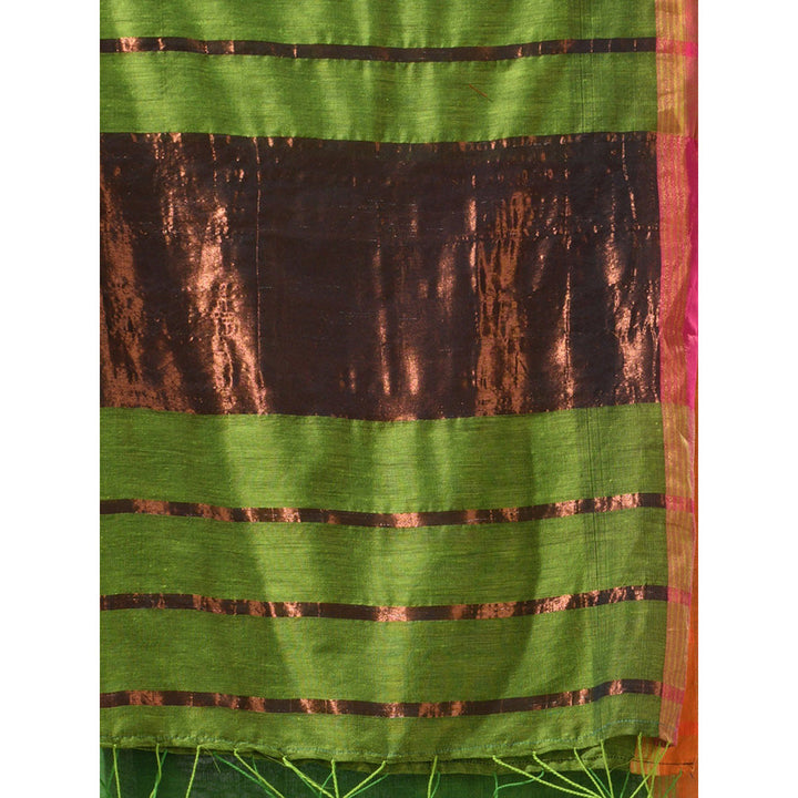 CHARUKRITI Green Patli Pallu Cotton Stripes Zari Borders Saree with Unstitched Blouse