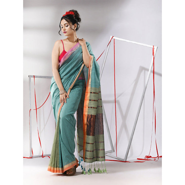 CHARUKRITI Ice Blue Patli Pallu Cotton Stripes Zari Borders Saree with Unstitched Blouse