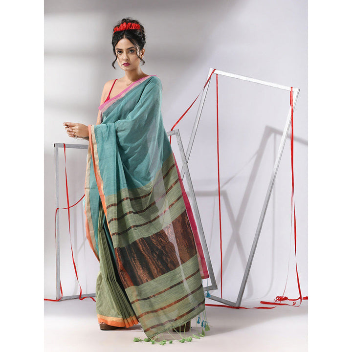 CHARUKRITI Ice Blue Patli Pallu Cotton Stripes Zari Borders Saree with Unstitched Blouse