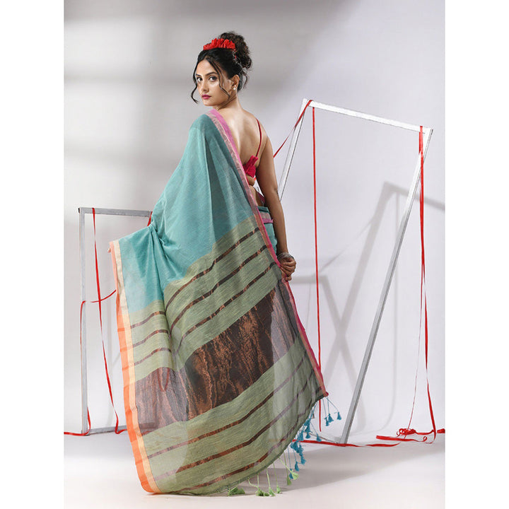 CHARUKRITI Ice Blue Patli Pallu Cotton Stripes Zari Borders Saree with Unstitched Blouse