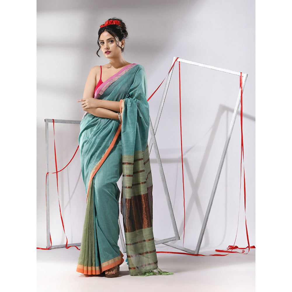 CHARUKRITI Ice Blue Patli Pallu Cotton Stripes Zari Borders Saree with Unstitched Blouse