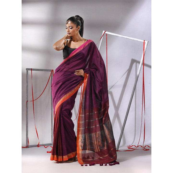 CHARUKRITI Magenta Patli Pallu Cotton Stripes Zari Borders Saree with Unstitched Blouse