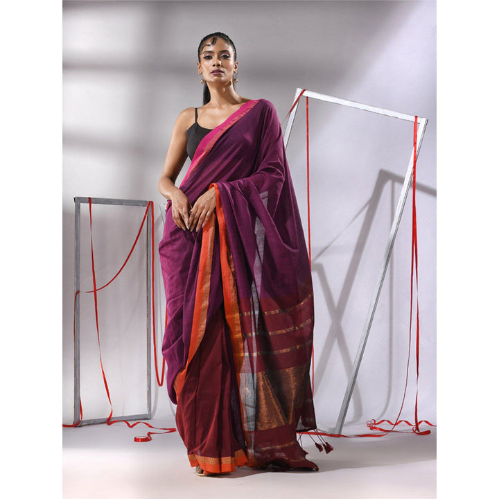 CHARUKRITI Magenta Patli Pallu Cotton Stripes Zari Borders Saree with Unstitched Blouse