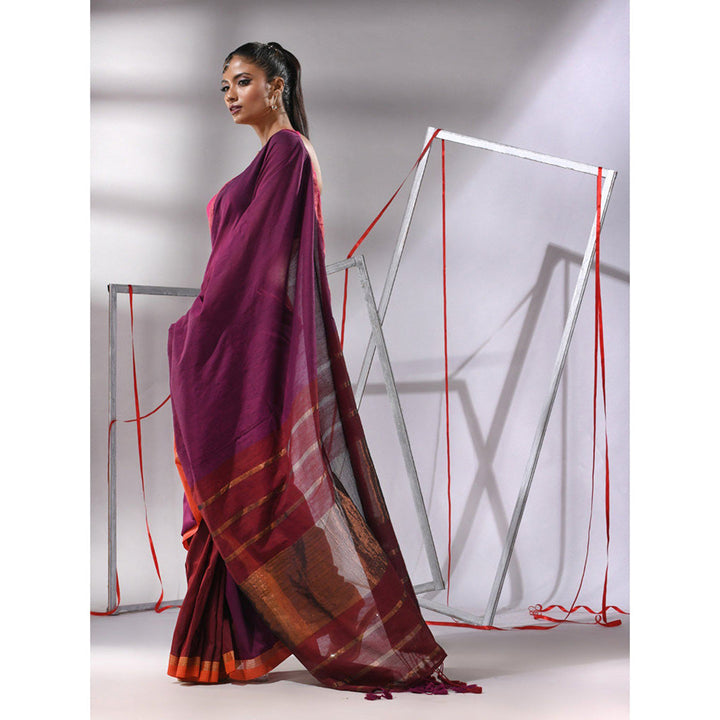 CHARUKRITI Magenta Patli Pallu Cotton Stripes Zari Borders Saree with Unstitched Blouse