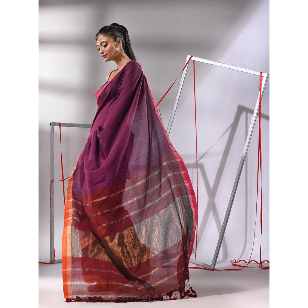 CHARUKRITI Magenta Patli Pallu Cotton Stripes Zari Borders Saree with Unstitched Blouse