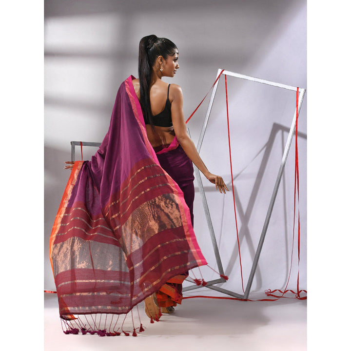 CHARUKRITI Magenta Patli Pallu Cotton Stripes Zari Borders Saree with Unstitched Blouse