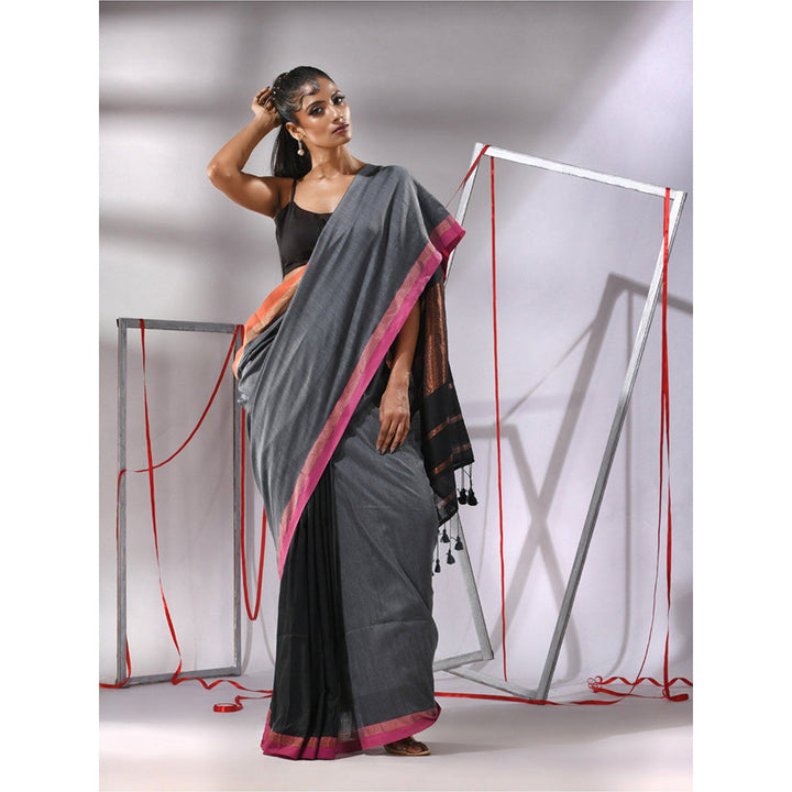 CHARUKRITI Grey Patli Pallu Cotton Stripes Zari Borders Saree with Unstitched Blouse