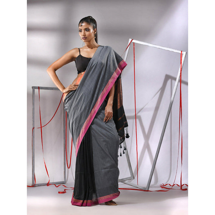 CHARUKRITI Grey Patli Pallu Cotton Stripes Zari Borders Saree with Unstitched Blouse