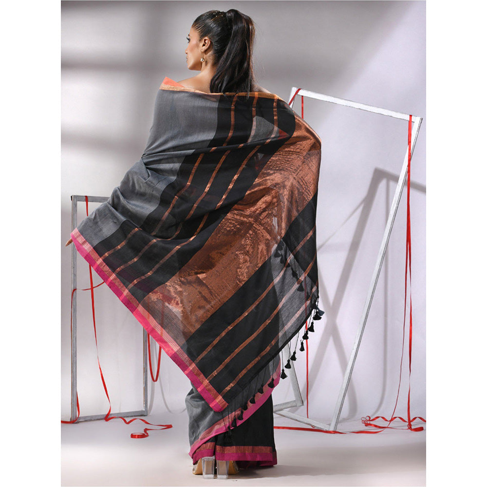 CHARUKRITI Grey Patli Pallu Cotton Stripes Zari Borders Saree with Unstitched Blouse