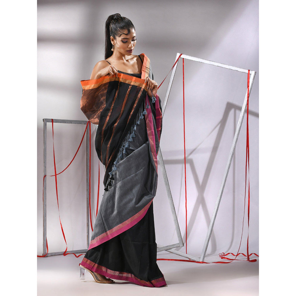 CHARUKRITI Grey Patli Pallu Cotton Stripes Zari Borders Saree with Unstitched Blouse