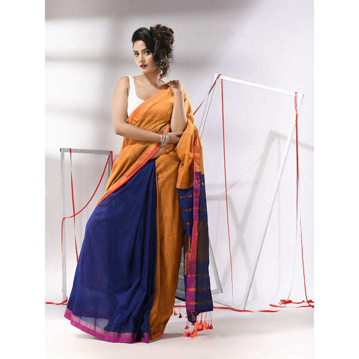 CHARUKRITI Mustard Patli Pallu Cotton Stripes Zari Borders Saree with Unstitched Blouse