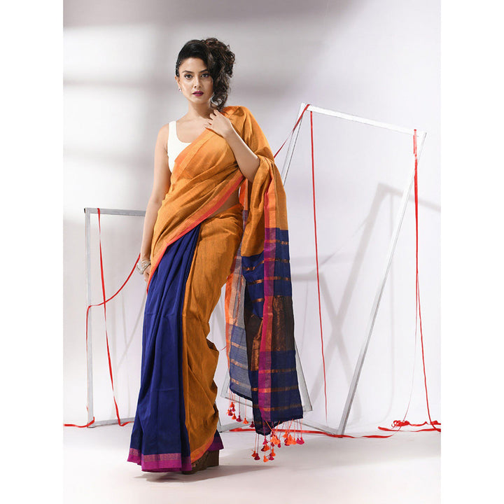 CHARUKRITI Mustard Patli Pallu Cotton Stripes Zari Borders Saree with Unstitched Blouse