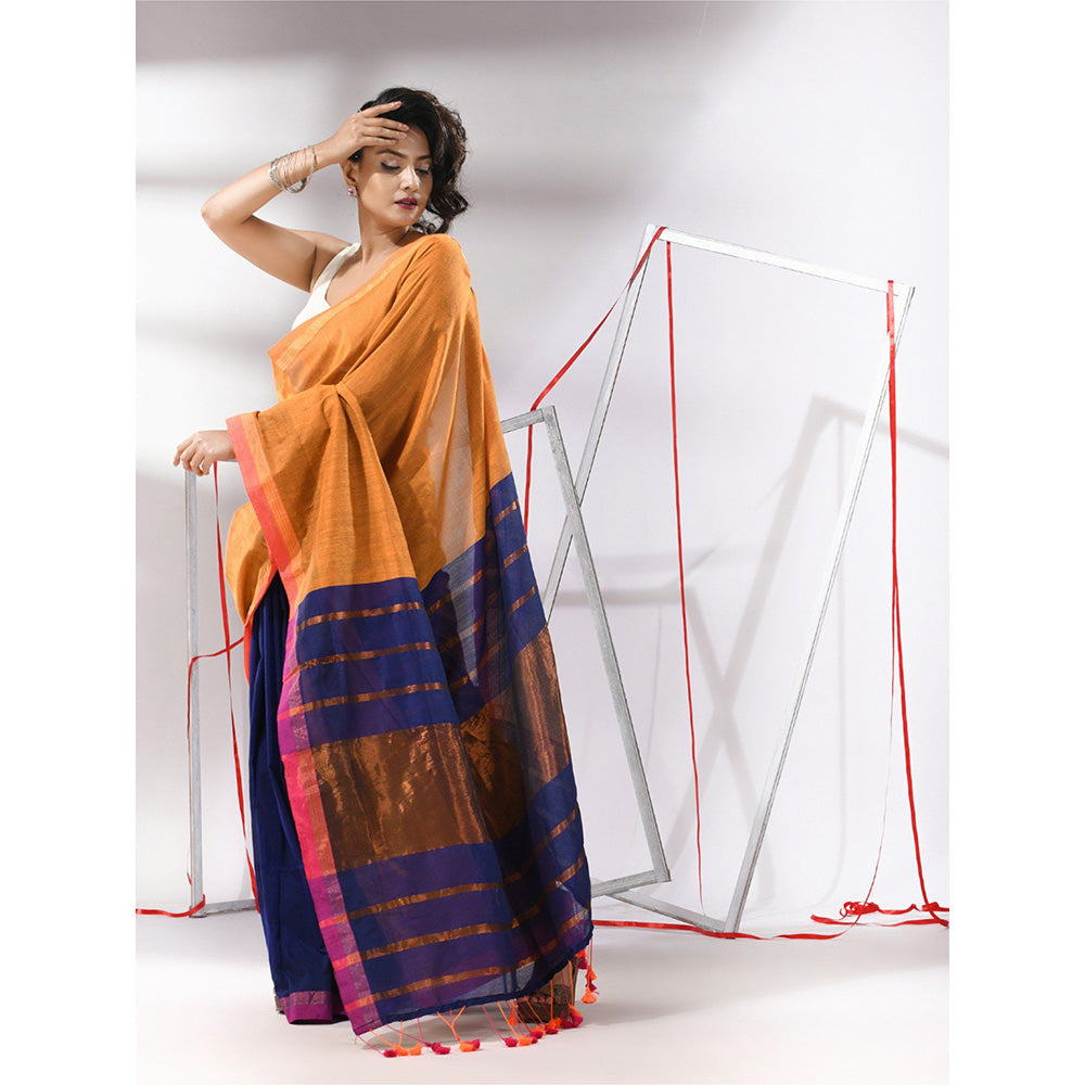 CHARUKRITI Mustard Patli Pallu Cotton Stripes Zari Borders Saree with Unstitched Blouse