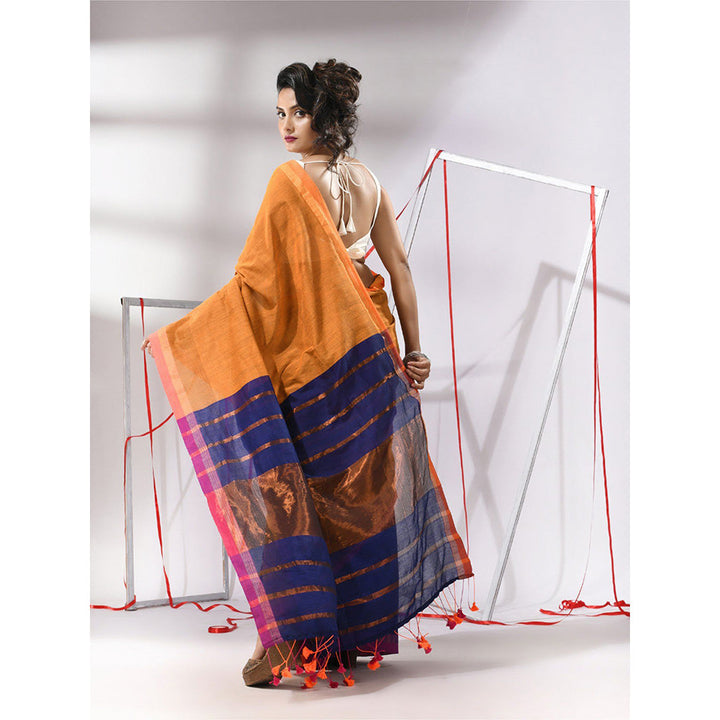 CHARUKRITI Mustard Patli Pallu Cotton Stripes Zari Borders Saree with Unstitched Blouse