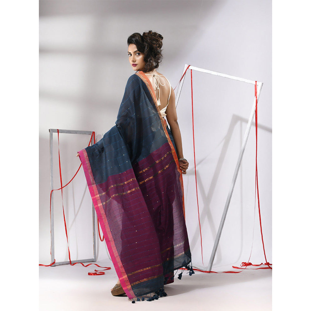 CHARUKRITI Blue Cotton Sequined Work Saree with Unstitched Blouse