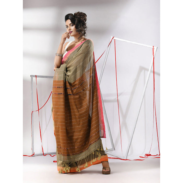 CHARUKRITI Green Cotton Sequined Work Saree with Unstitched Blouse