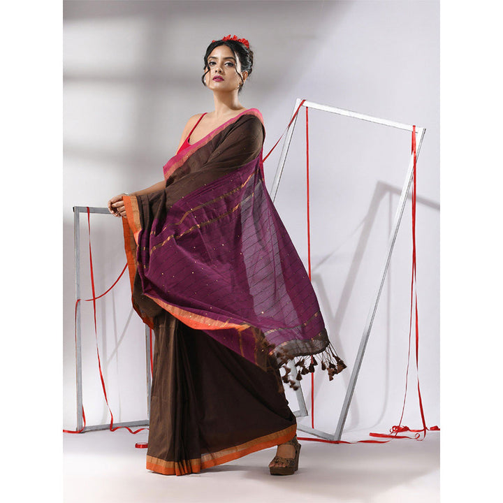 CHARUKRITI Brown Cotton Sequined Work Saree with Unstitched Blouse