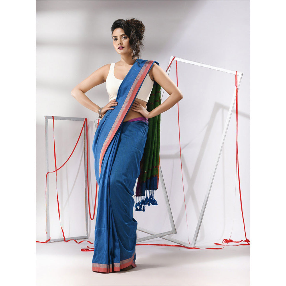 CHARUKRITI Sapphire Blue Cotton Sequined Work Saree with Unstitched Blouse