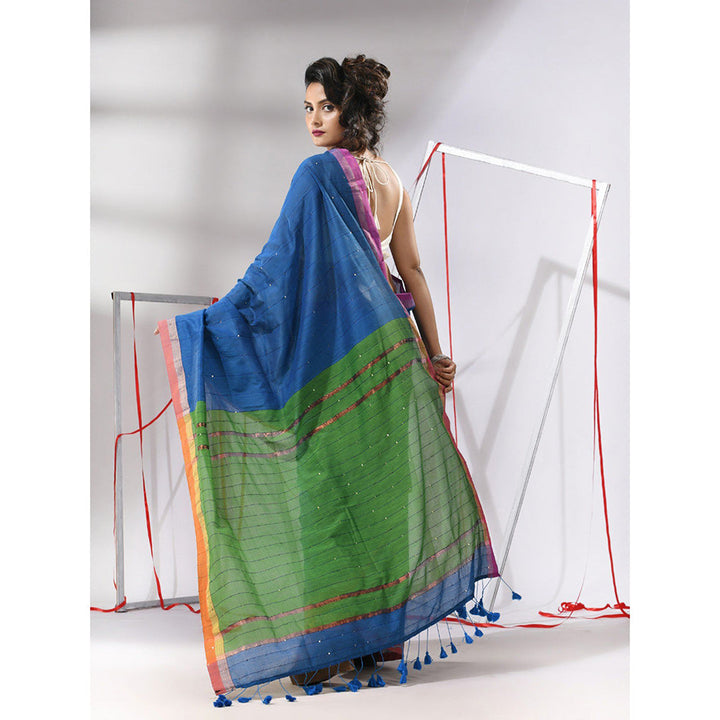 CHARUKRITI Sapphire Blue Cotton Sequined Work Saree with Unstitched Blouse