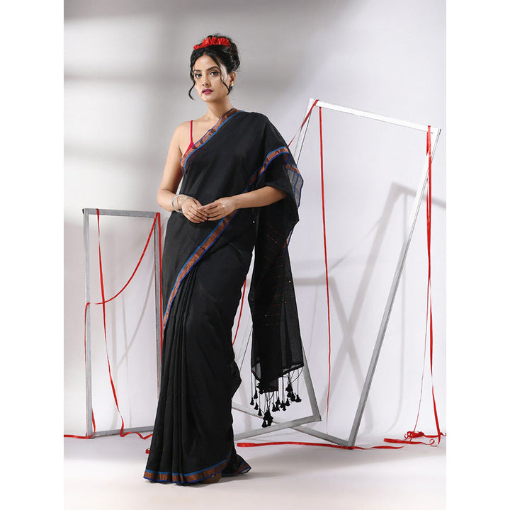 CHARUKRITI Black Cotton Sequined Pallu Saree with Unstitched Blouse