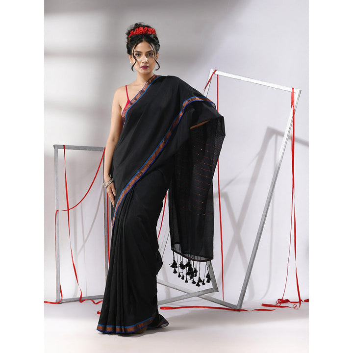 CHARUKRITI Black Cotton Sequined Pallu Saree with Unstitched Blouse