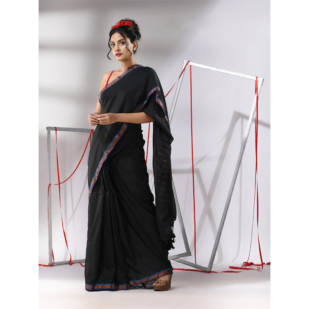 CHARUKRITI Black Cotton Sequined Pallu Saree with Unstitched Blouse