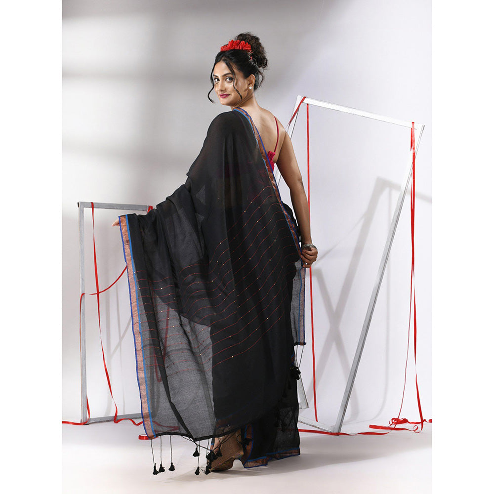 CHARUKRITI Black Cotton Sequined Pallu Saree with Unstitched Blouse