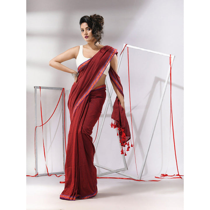 CHARUKRITI Red Cotton Sequined Pallu Saree with Unstitched Blouse