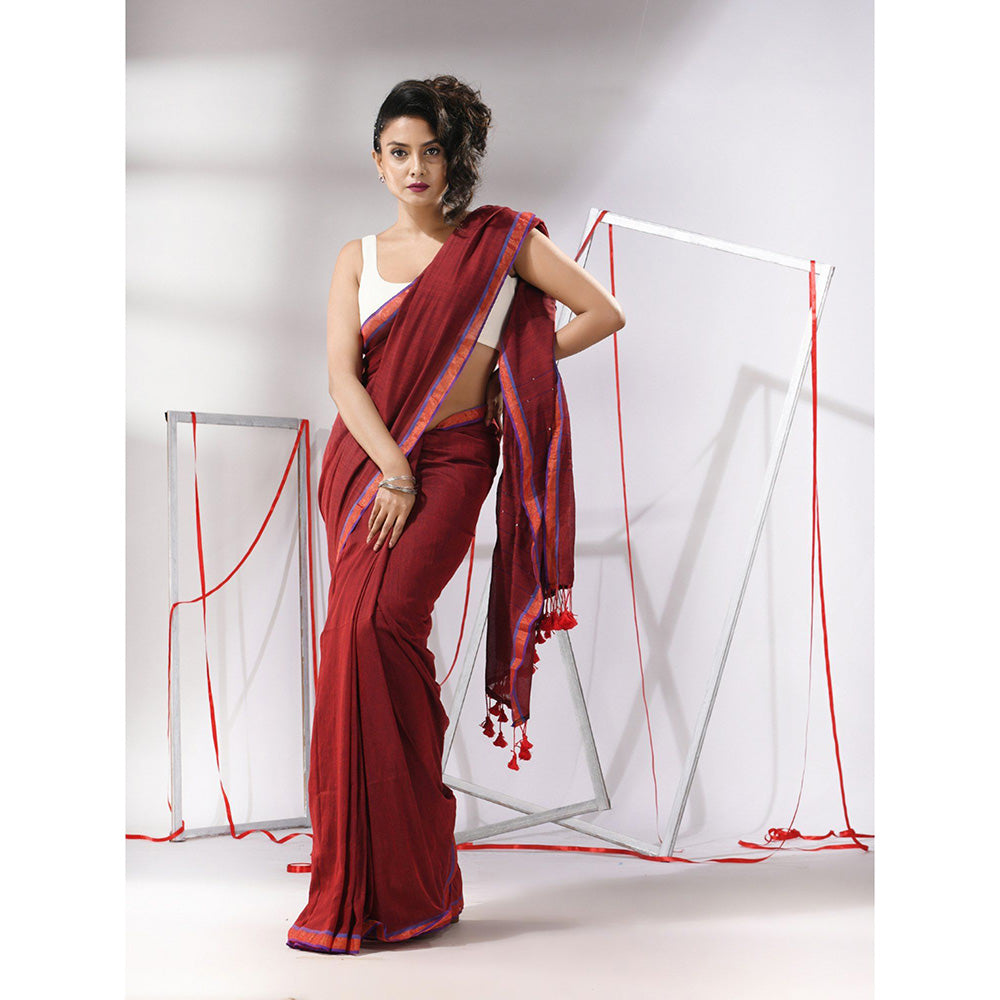 CHARUKRITI Red Cotton Sequined Pallu Saree with Unstitched Blouse