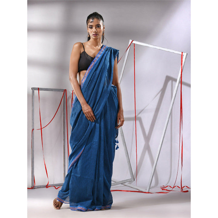 CHARUKRITI Sapphire Blue Cotton Sequined Pallu Saree with Unstitched Blouse