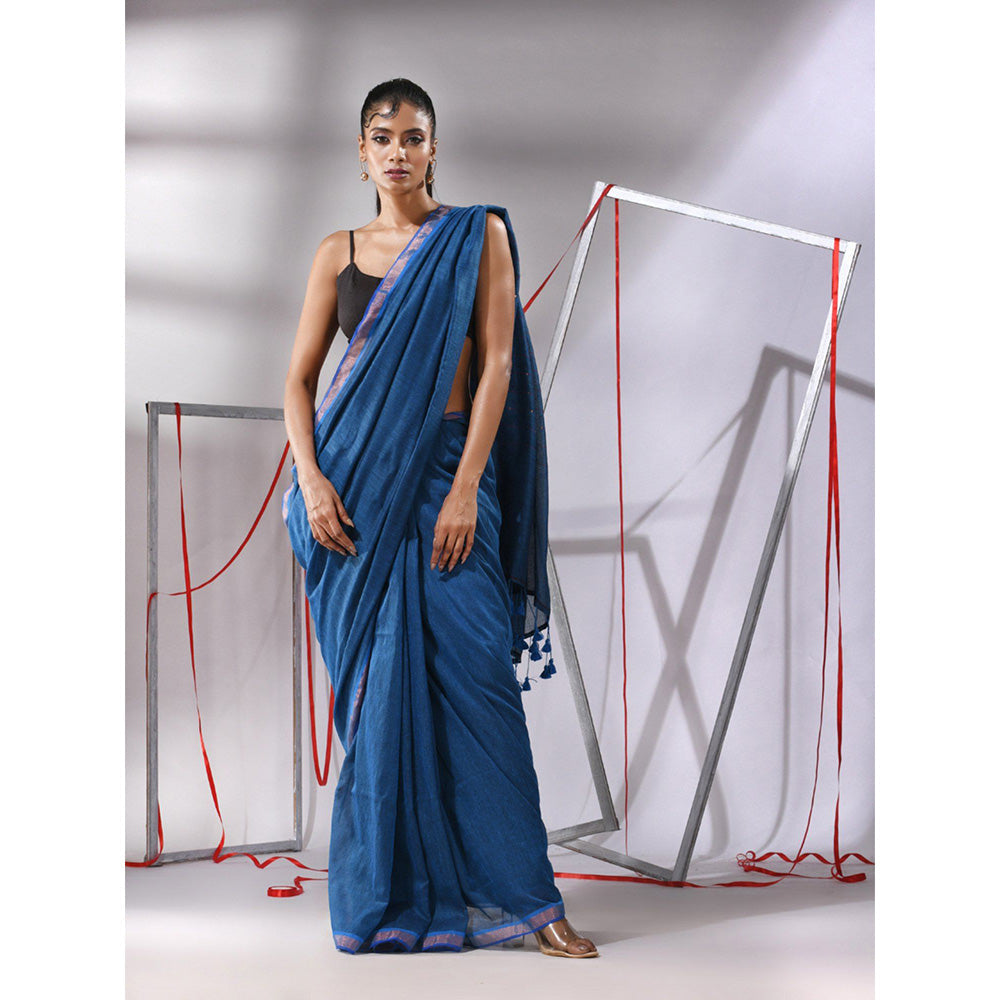 CHARUKRITI Sapphire Blue Cotton Sequined Pallu Saree with Unstitched Blouse