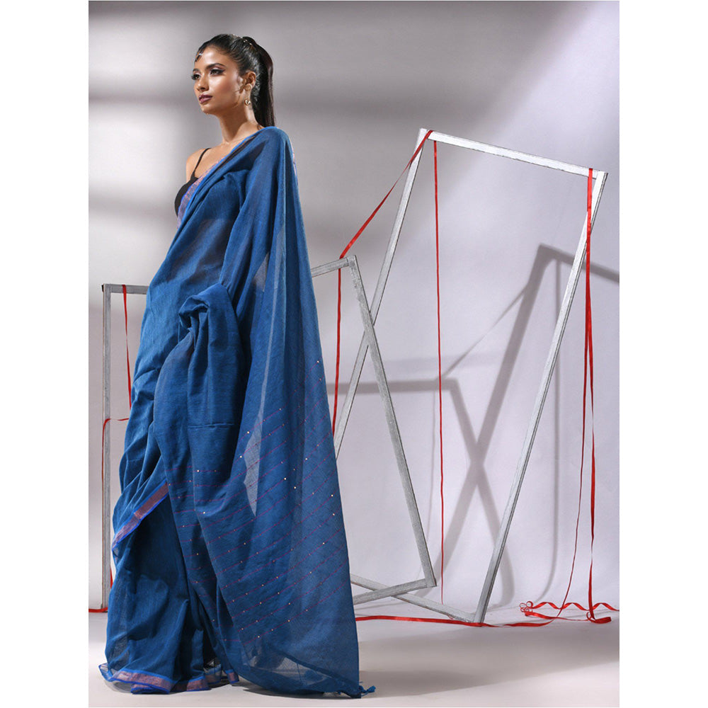 CHARUKRITI Sapphire Blue Cotton Sequined Pallu Saree with Unstitched Blouse