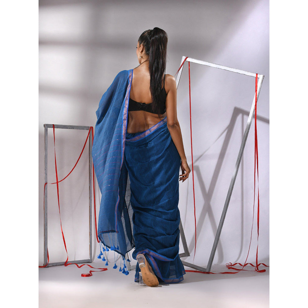 CHARUKRITI Sapphire Blue Cotton Sequined Pallu Saree with Unstitched Blouse