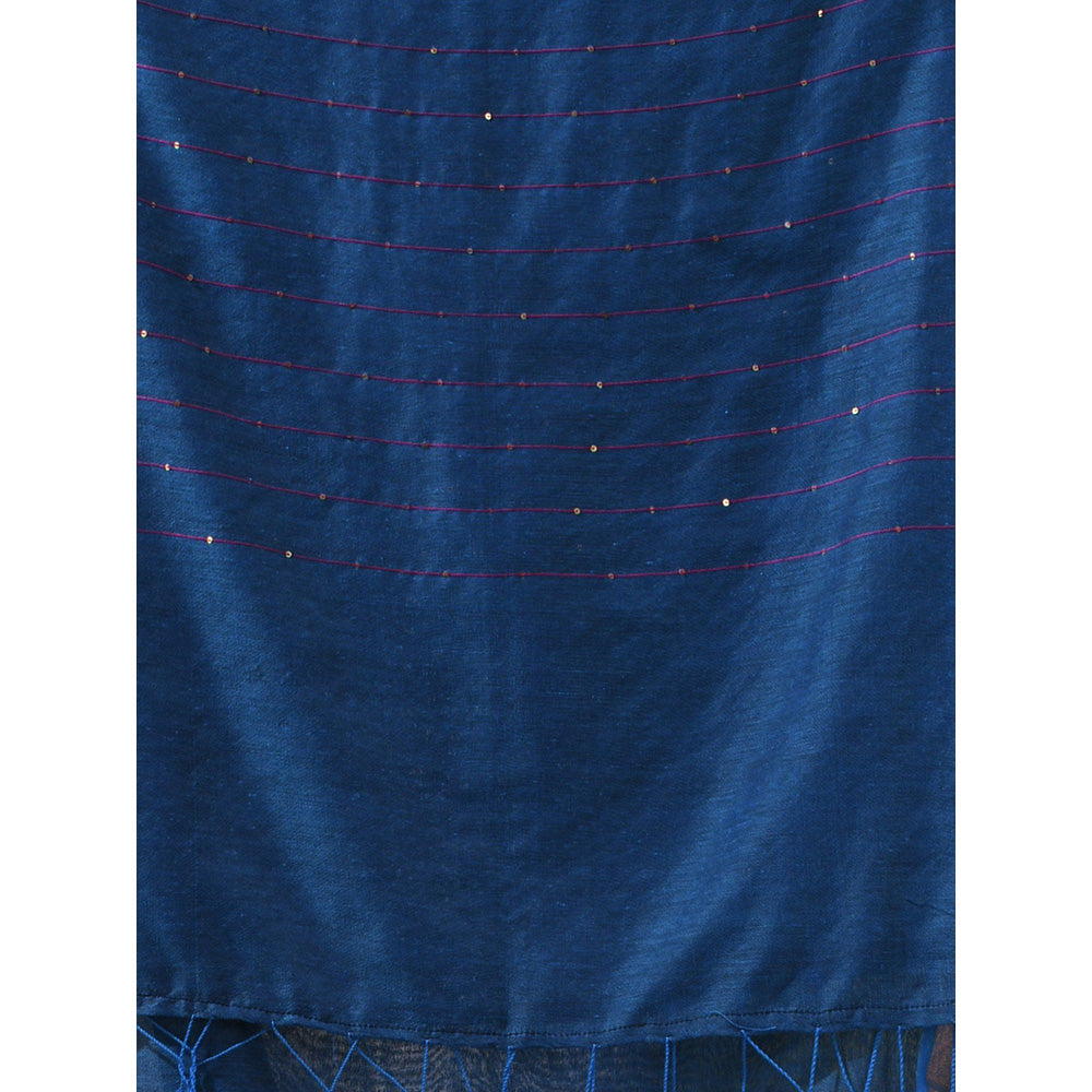 CHARUKRITI Sapphire Blue Cotton Sequined Pallu Saree with Unstitched Blouse