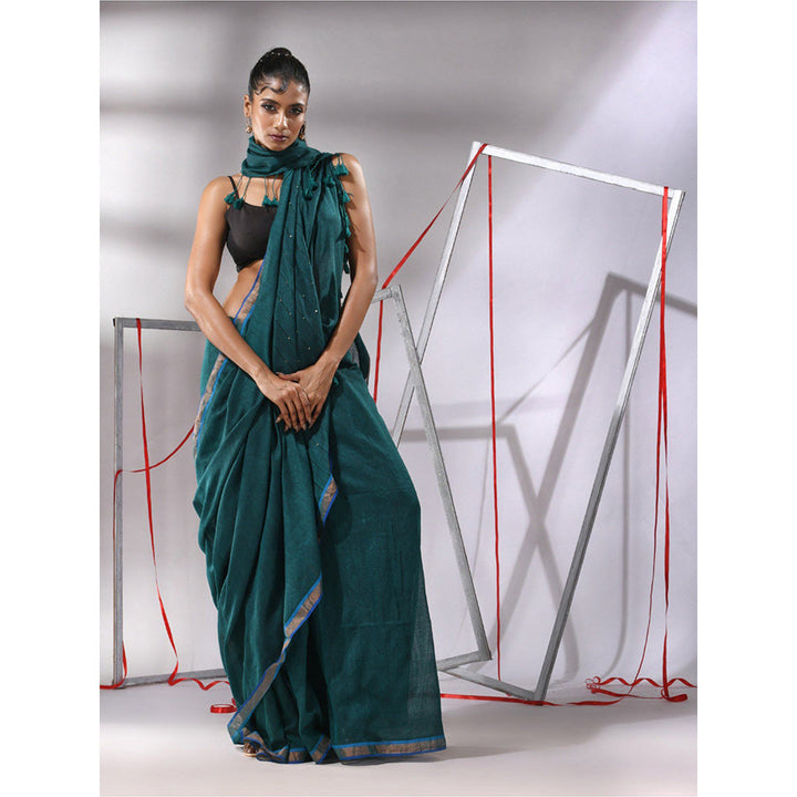 CHARUKRITI Teal Cotton Sequined Pallu Saree with Unstitched Blouse