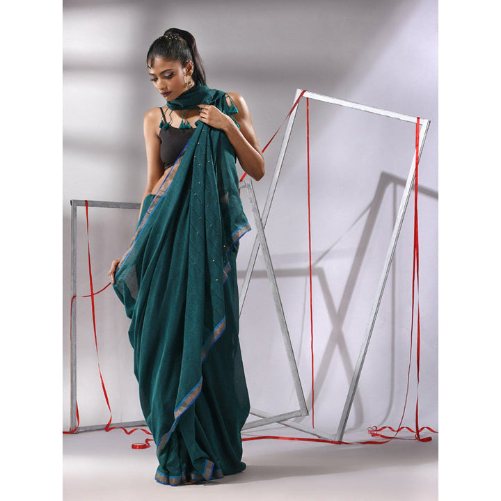 CHARUKRITI Teal Cotton Sequined Pallu Saree with Unstitched Blouse