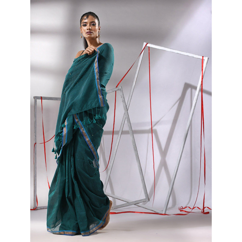 CHARUKRITI Teal Cotton Sequined Pallu Saree with Unstitched Blouse