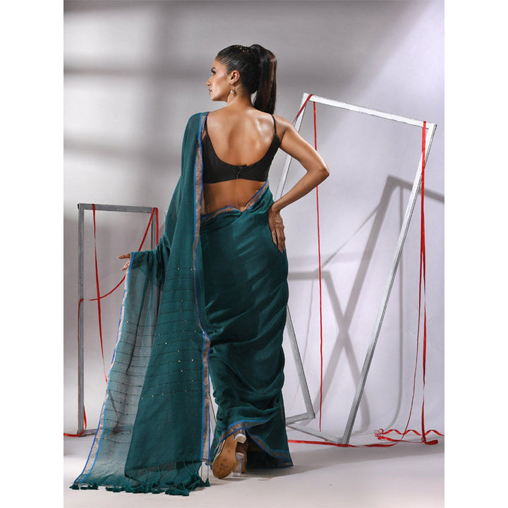 CHARUKRITI Teal Cotton Sequined Pallu Saree with Unstitched Blouse