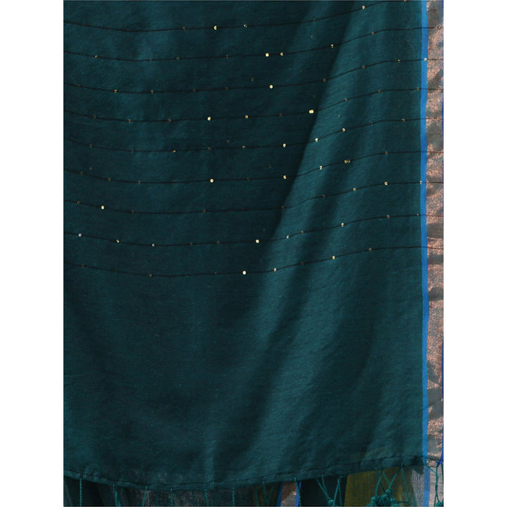 CHARUKRITI Teal Cotton Sequined Pallu Saree with Unstitched Blouse