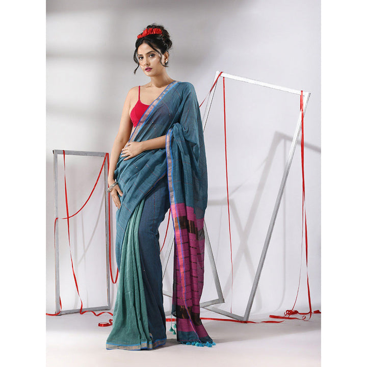 CHARUKRITI Teal Cotton Sequined Work Saree with Unstitched Blouse