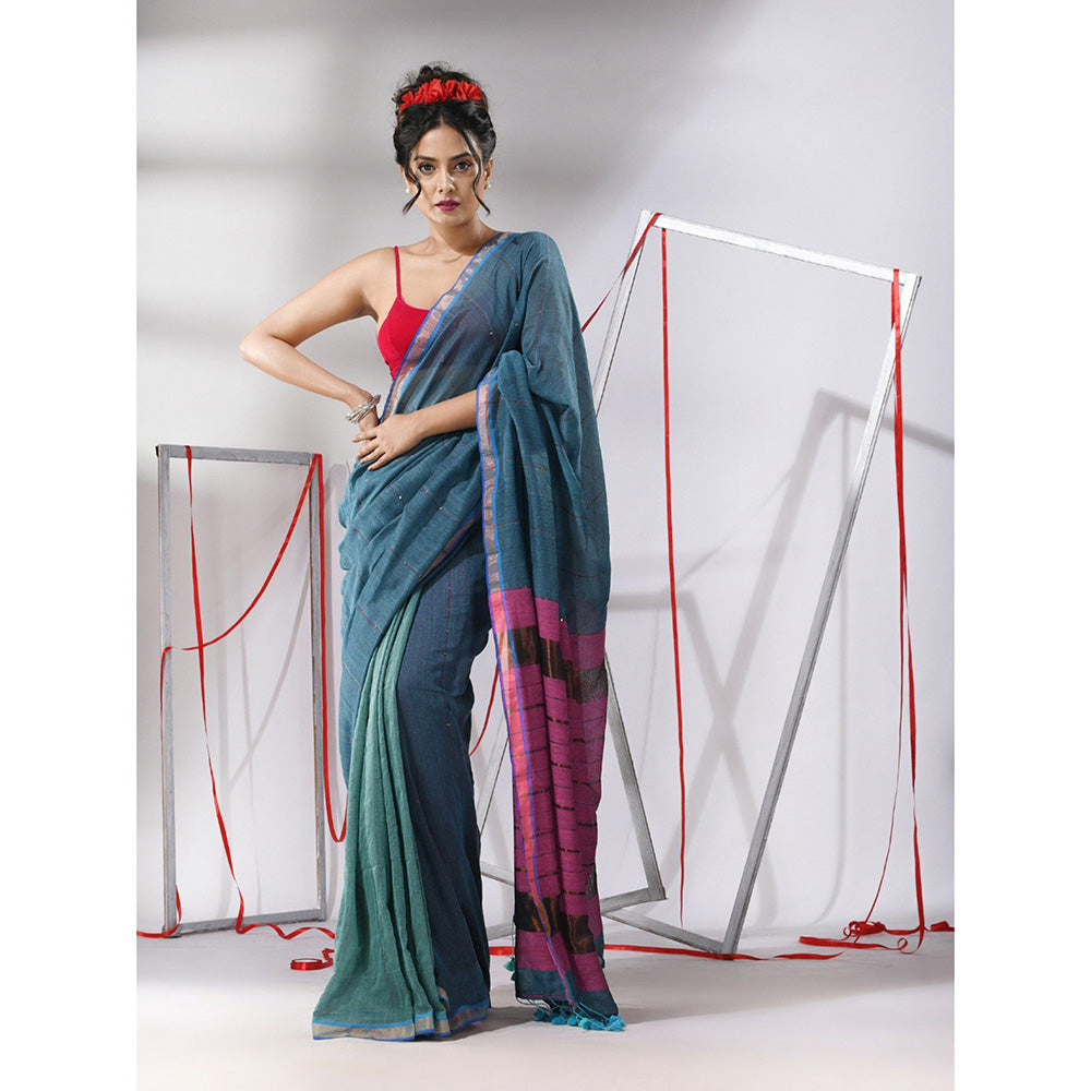 CHARUKRITI Teal Cotton Sequined Work Saree with Unstitched Blouse