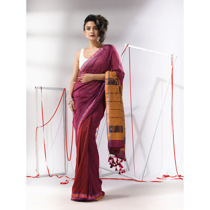 CHARUKRITI Magenta Cotton Sequined Work Saree with Unstitched Blouse