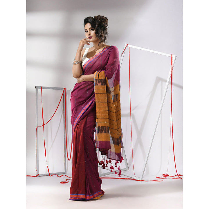 CHARUKRITI Magenta Cotton Sequined Work Saree with Unstitched Blouse