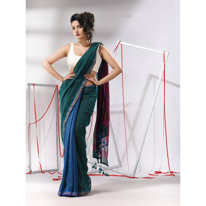 CHARUKRITI Teal Cotton Sequined Work Saree with Unstitched Blouse