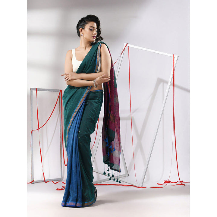 CHARUKRITI Teal Cotton Sequined Work Saree with Unstitched Blouse