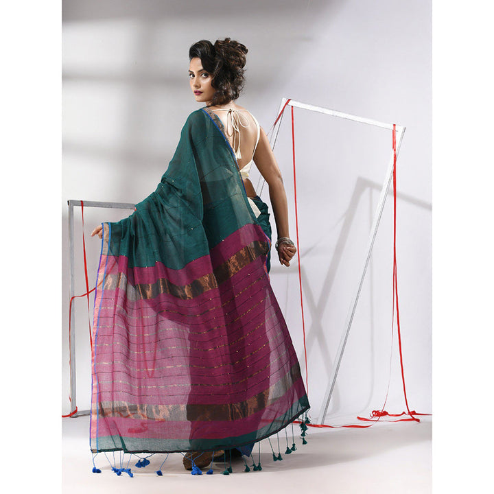 CHARUKRITI Teal Cotton Sequined Work Saree with Unstitched Blouse